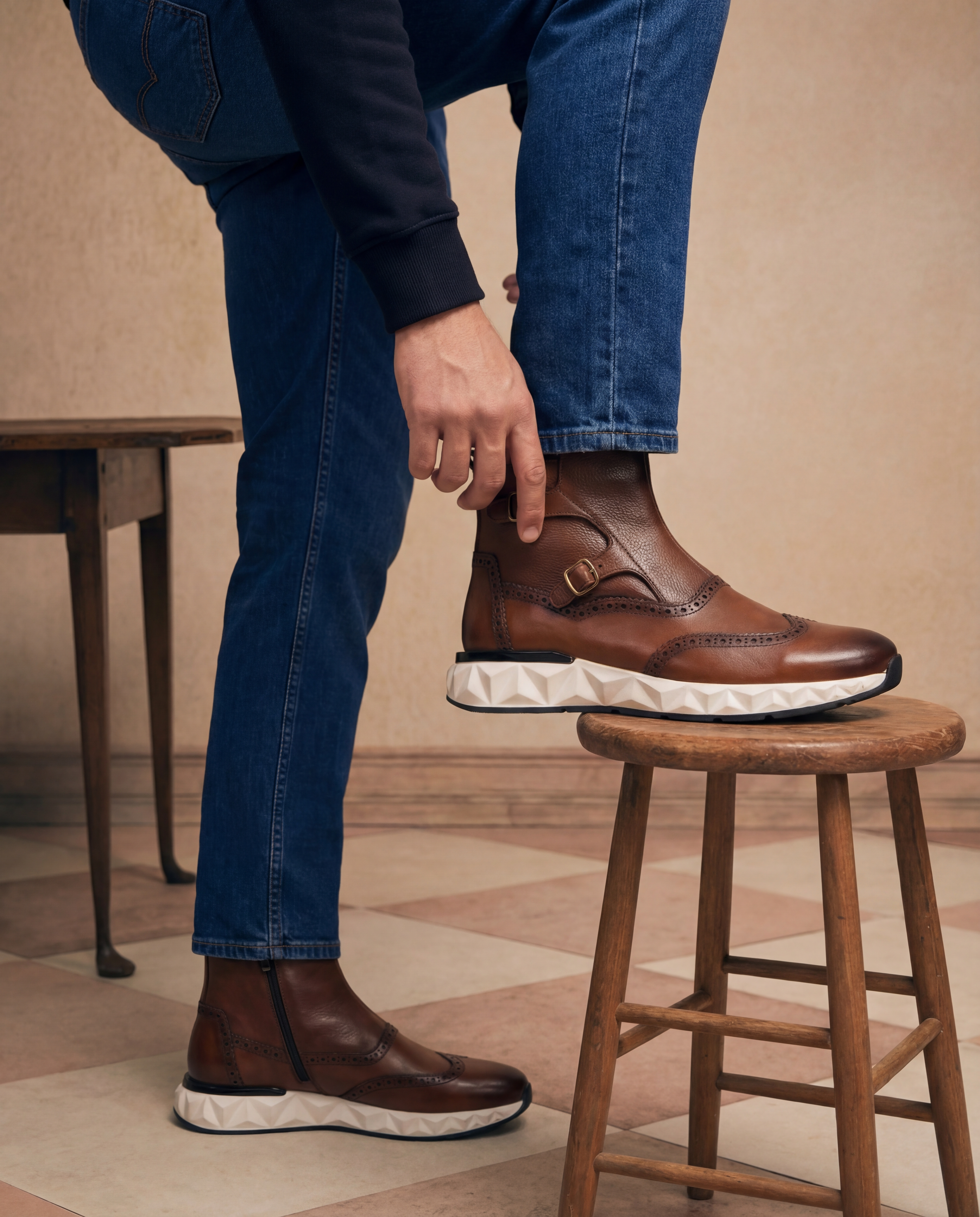 The Stealth Wingtip Buckle Tan Leather Boot