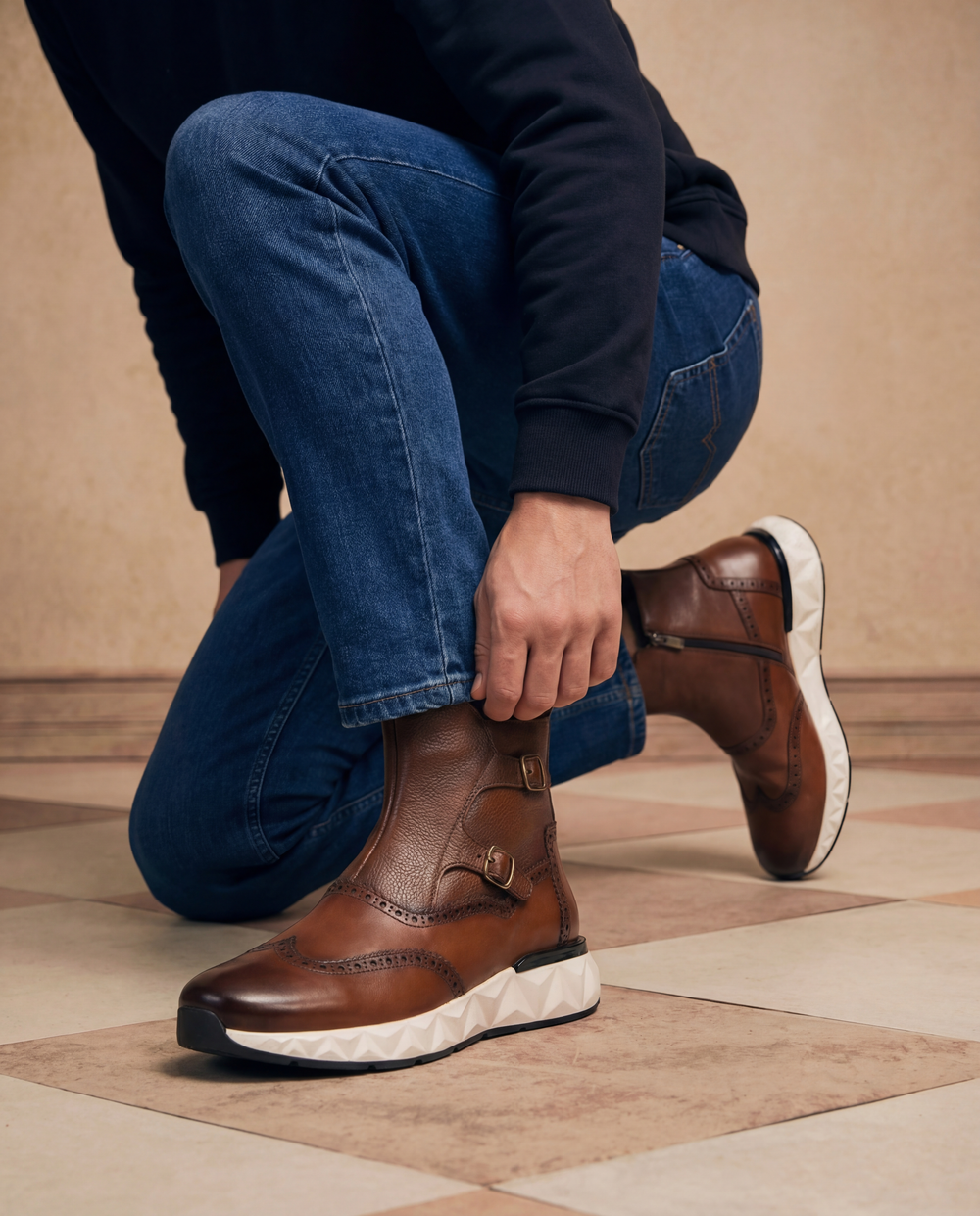 The Stealth Wingtip Buckle Tan Leather Boot