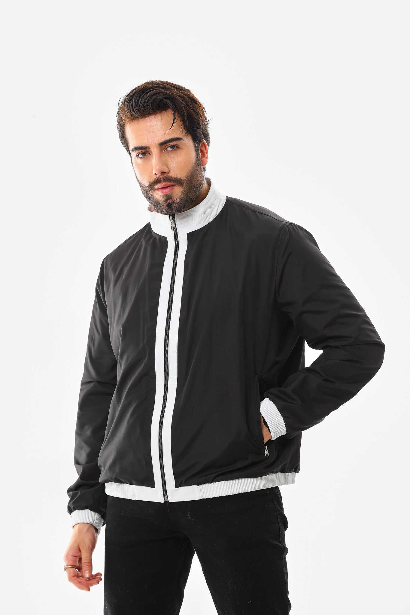 The Como Reversible White Black Leather Bomber Jacket