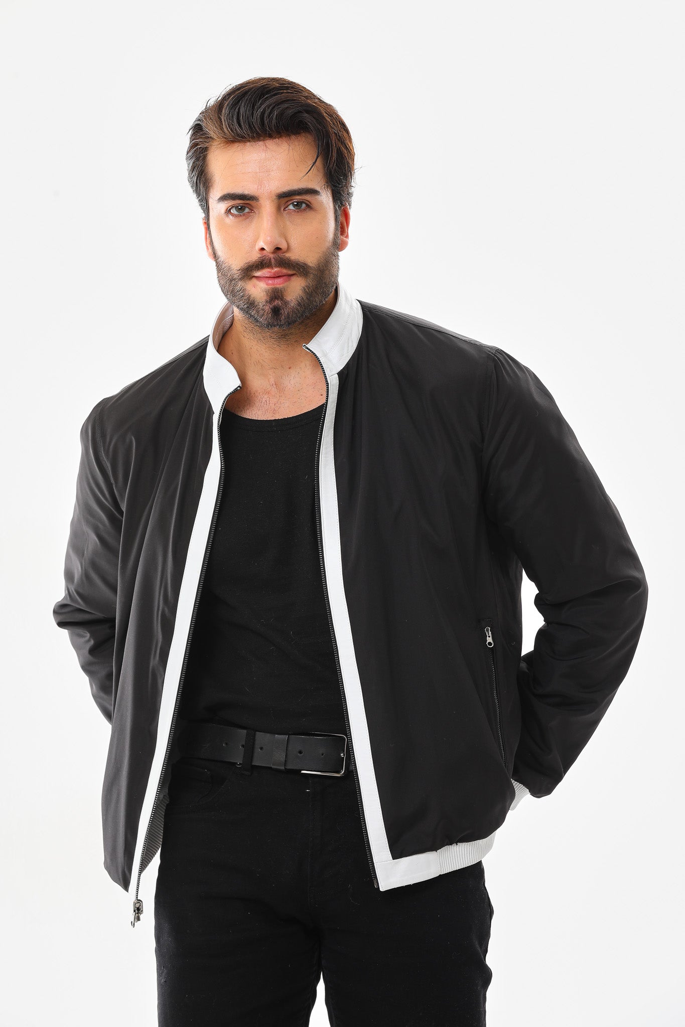 The Como Reversible White Black Leather Bomber Jacket