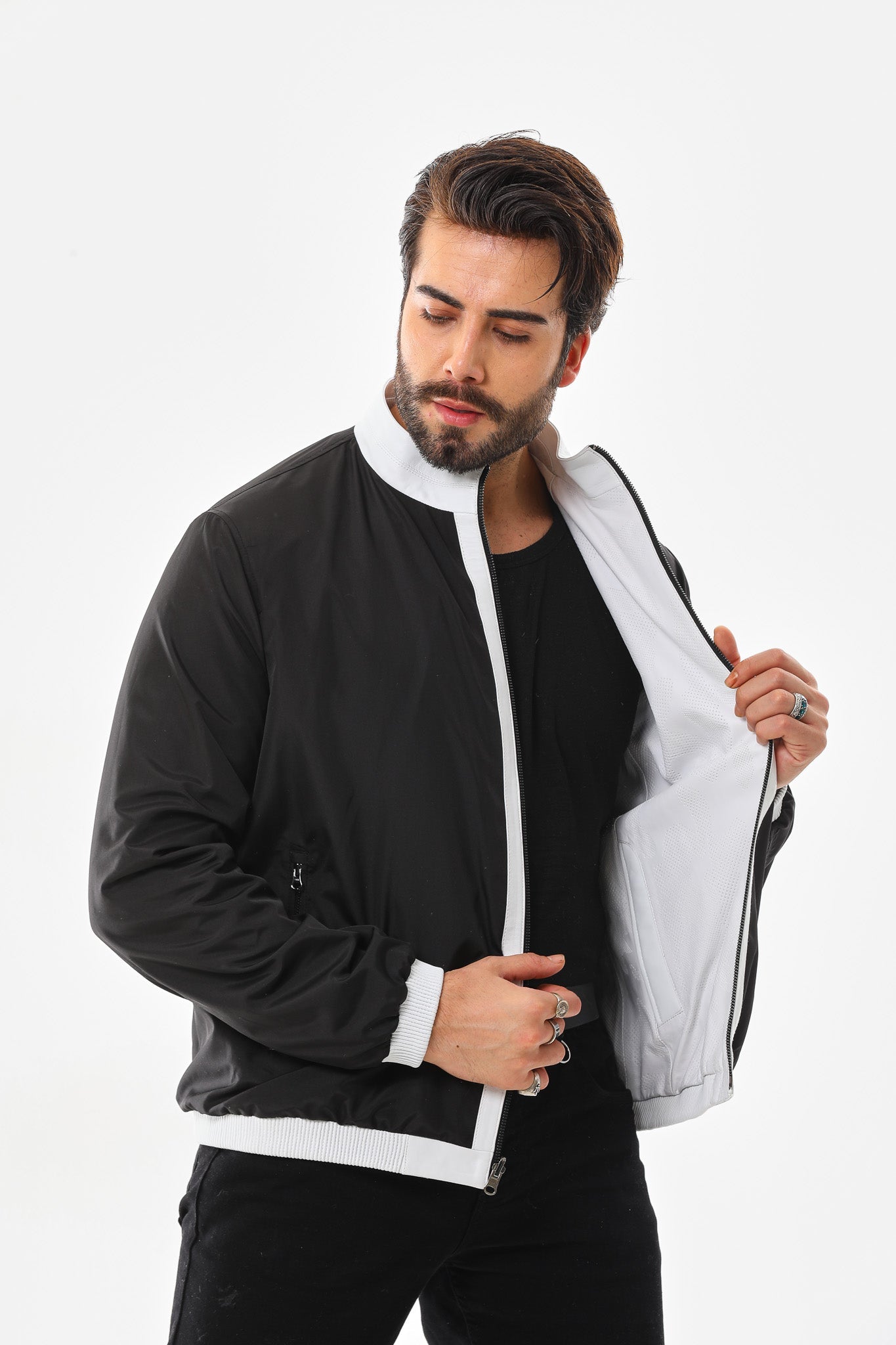 The Como Reversible White Black Leather Bomber Jacket
