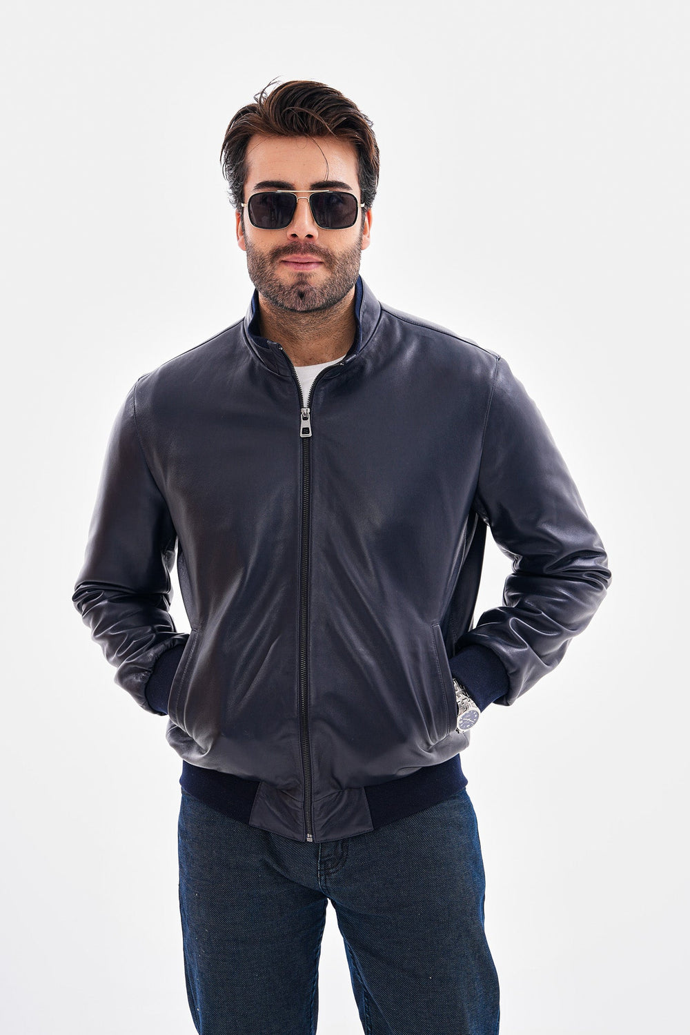 The Ardent Lambskin Leather Jacket – Navy Blue