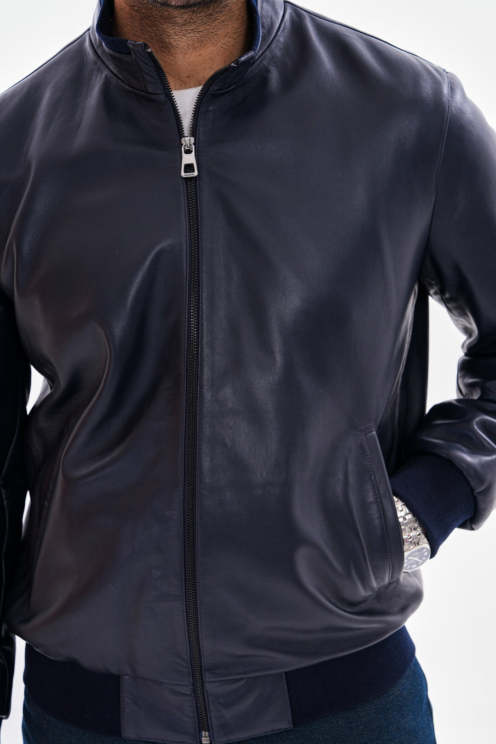The Ardent Lambskin Leather Jacket – Navy Blue