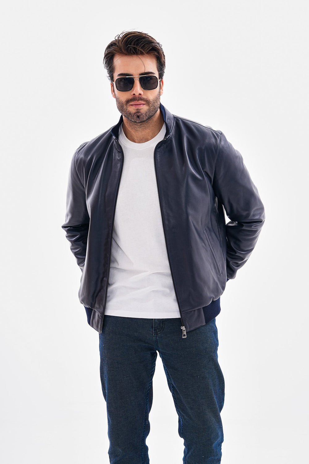 The Ardent Lambskin Leather Jacket – Navy Blue