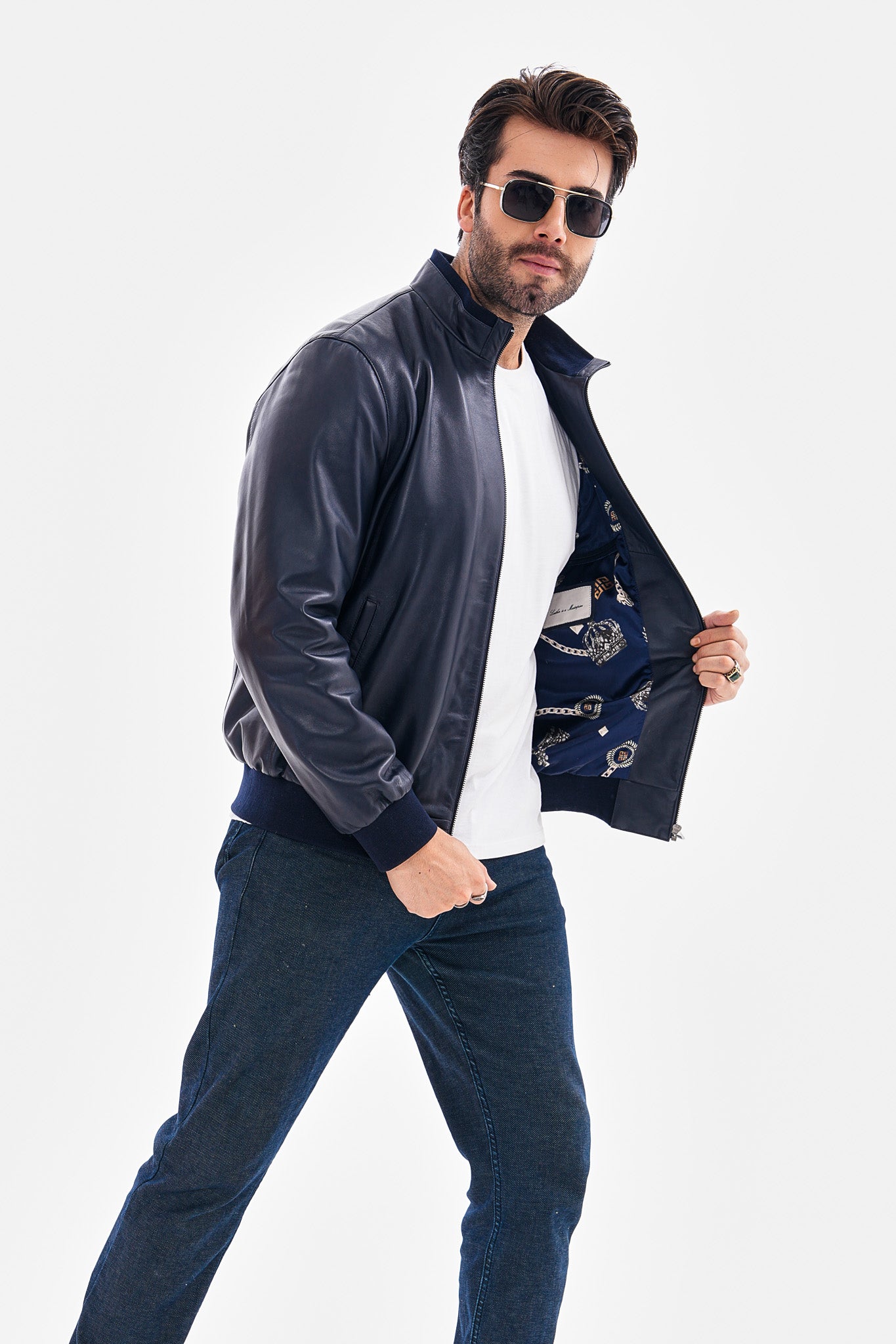 The Ardent Lambskin Leather Jacket – Navy Blue