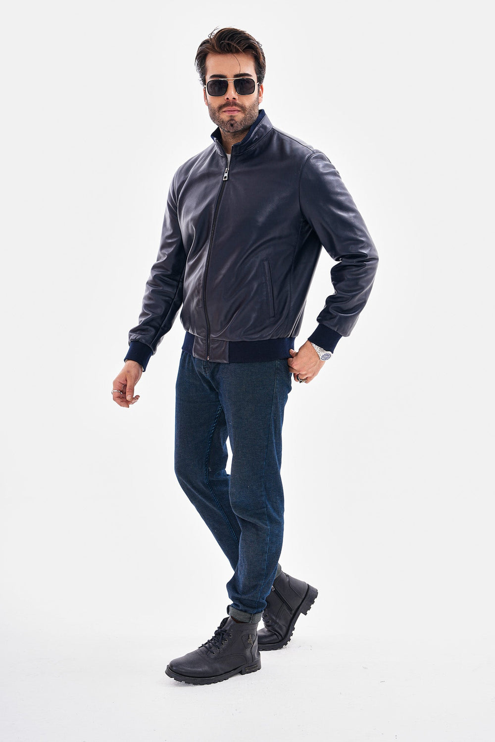 The Ardent Lambskin Leather Jacket – Navy Blue