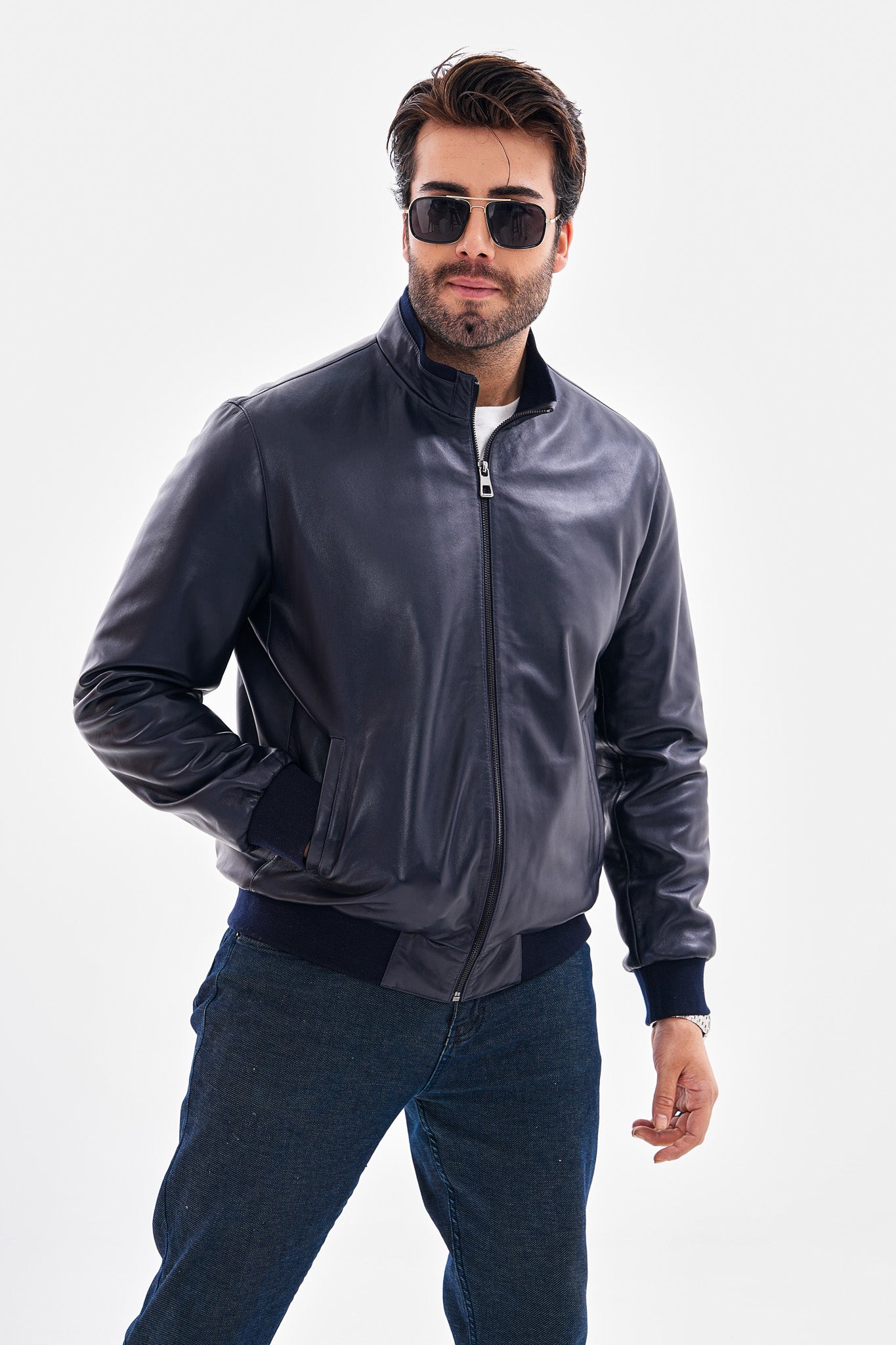 The Ardent Lambskin Leather Jacket – Navy Blue