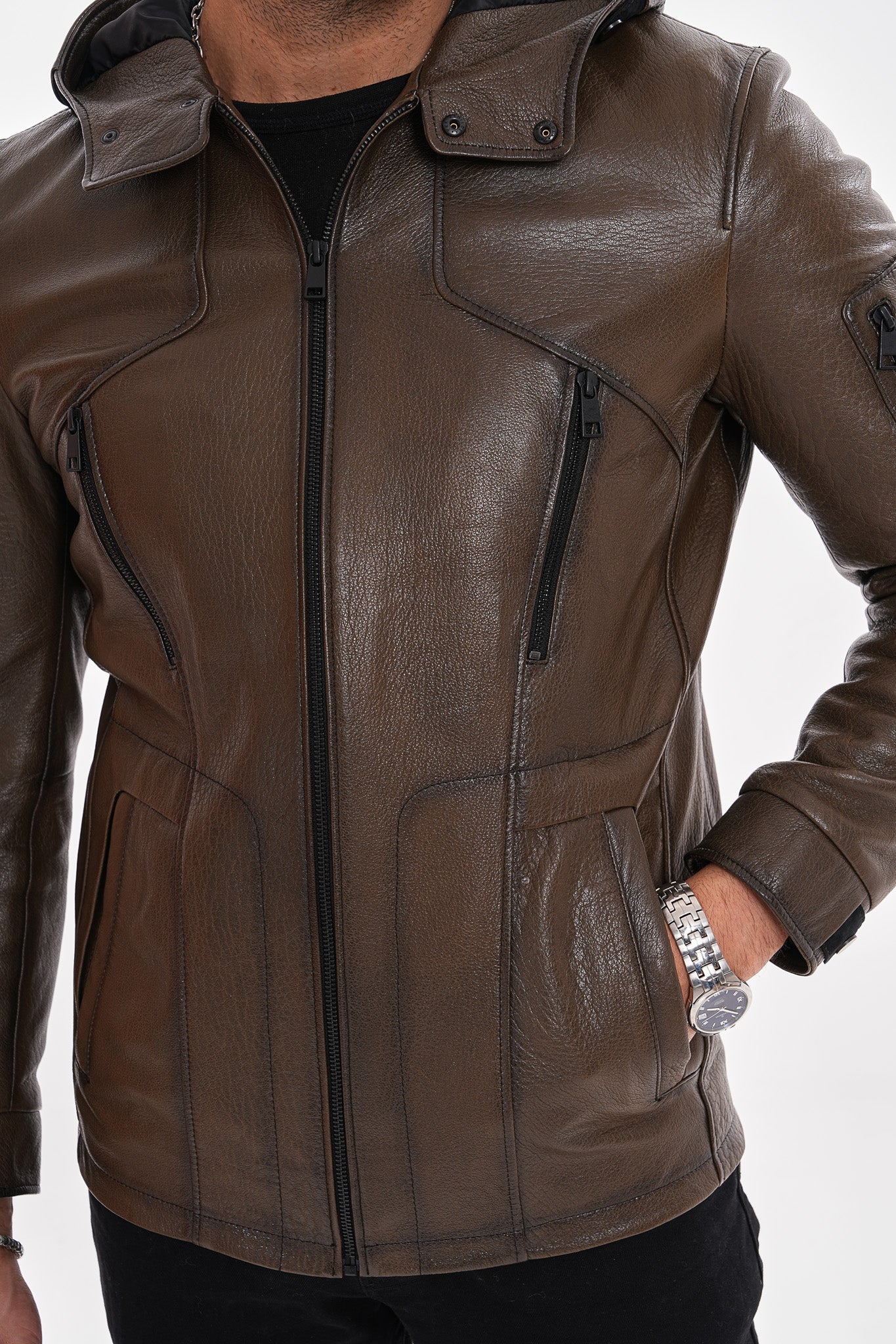 The Veneto Khaki Leather Hooded Jacket