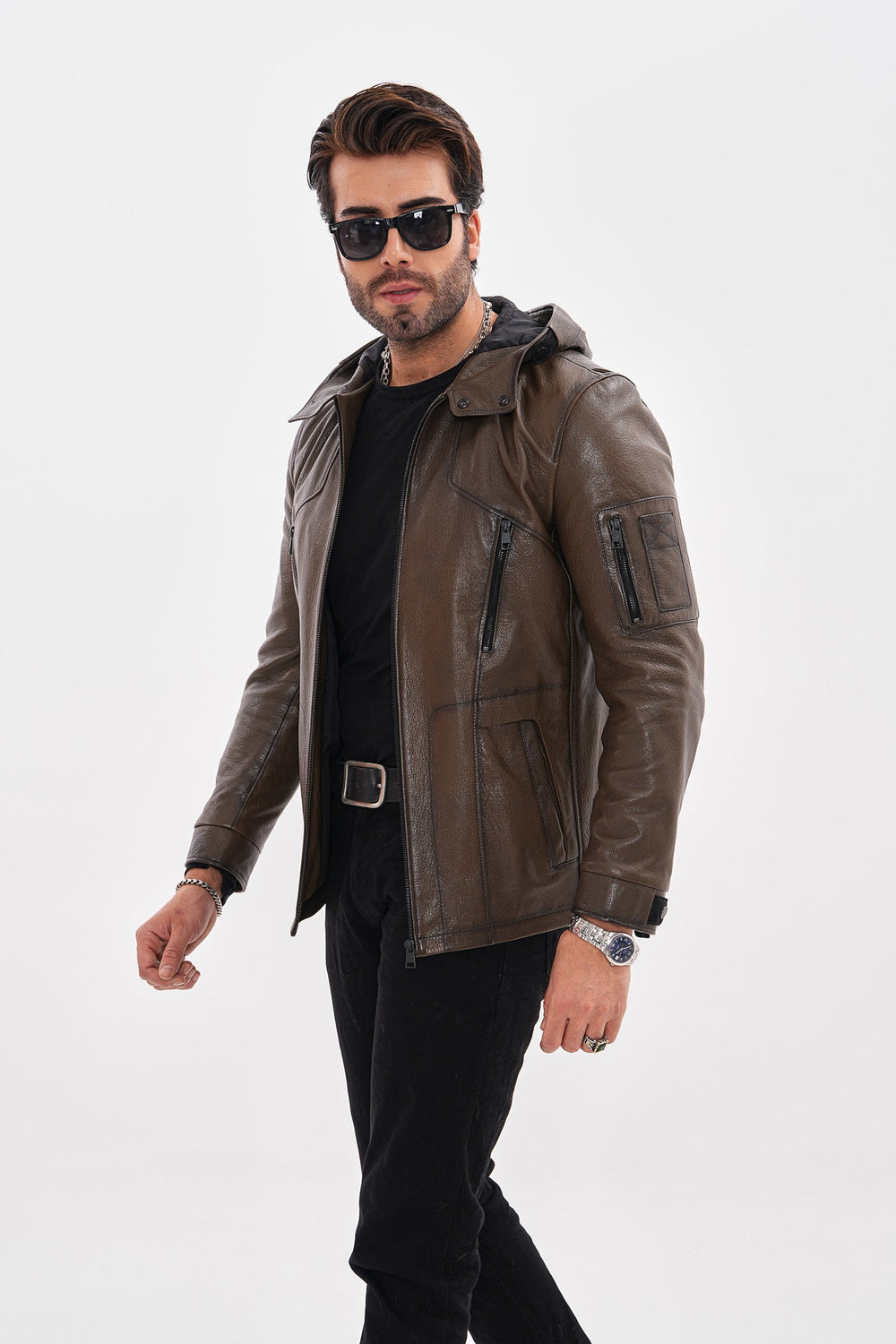 The Veneto Khaki Leather Hooded Jacket