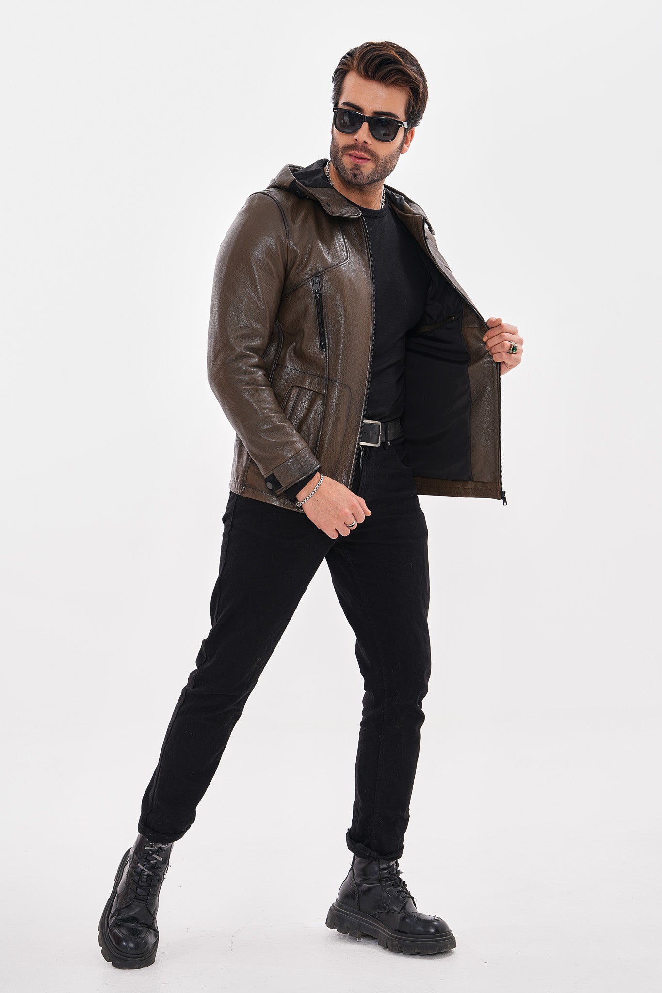 The Veneto Khaki Leather Hooded Jacket