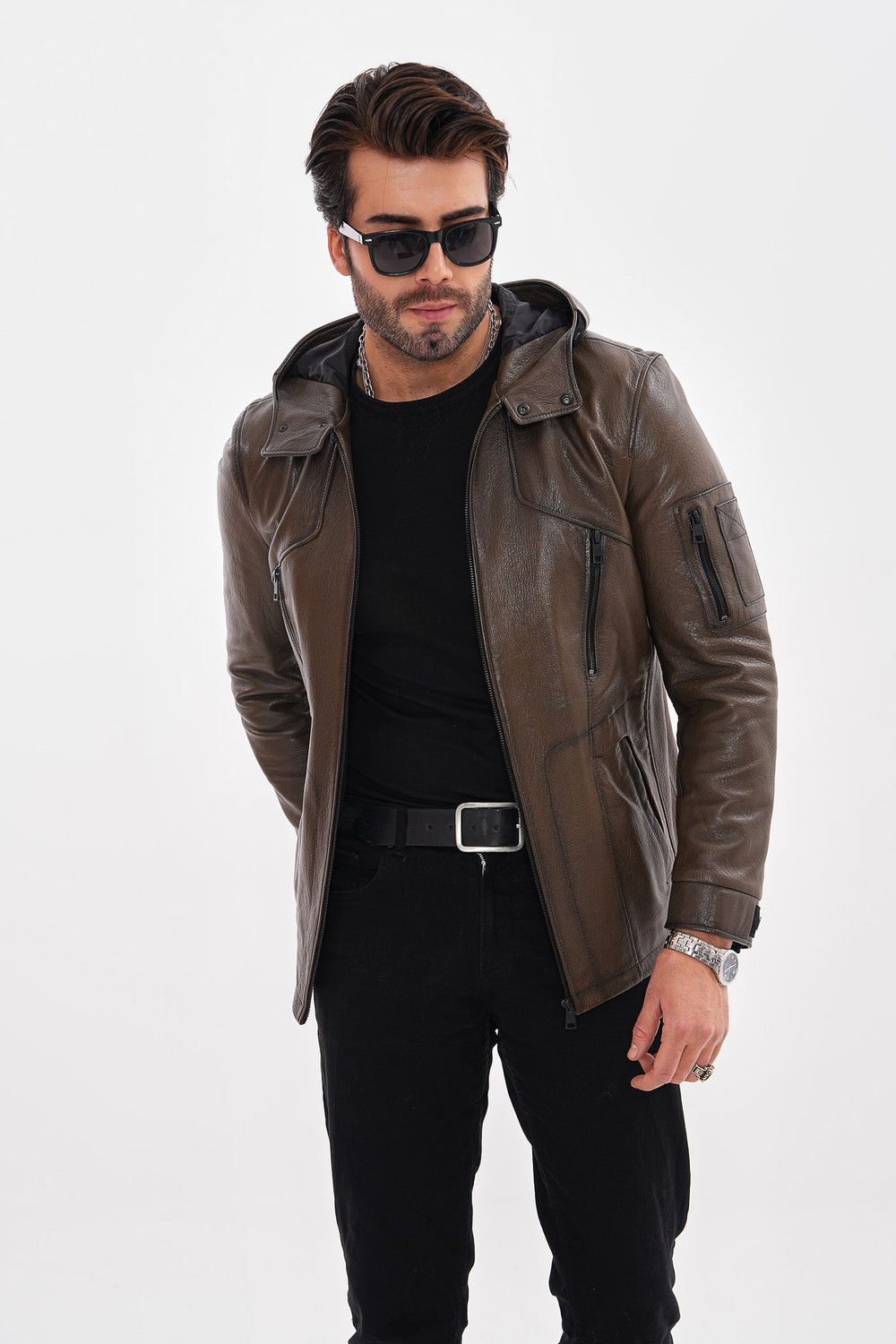 The Veneto Khaki Leather Hooded Jacket