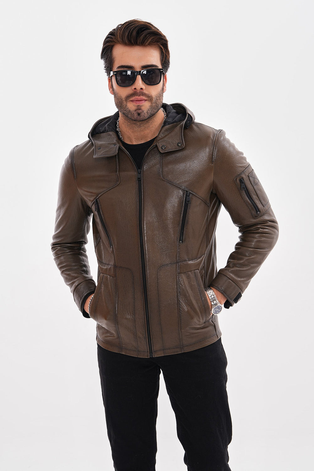 The Veneto Khaki Leather Hooded Jacket