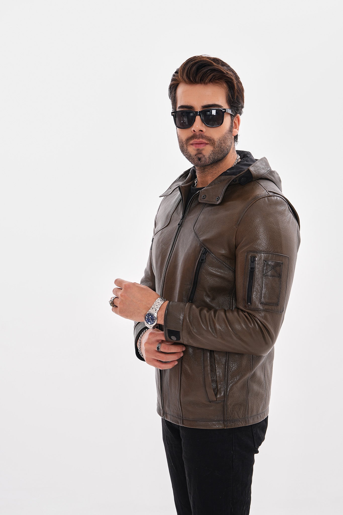 The Veneto Khaki Leather Hooded Jacket
