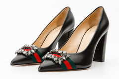 The Afega Black Leather Block Heel Pump Shoe