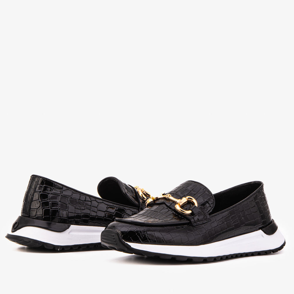 The Milan Black Croc-Embossed Patent Leather Sneaker