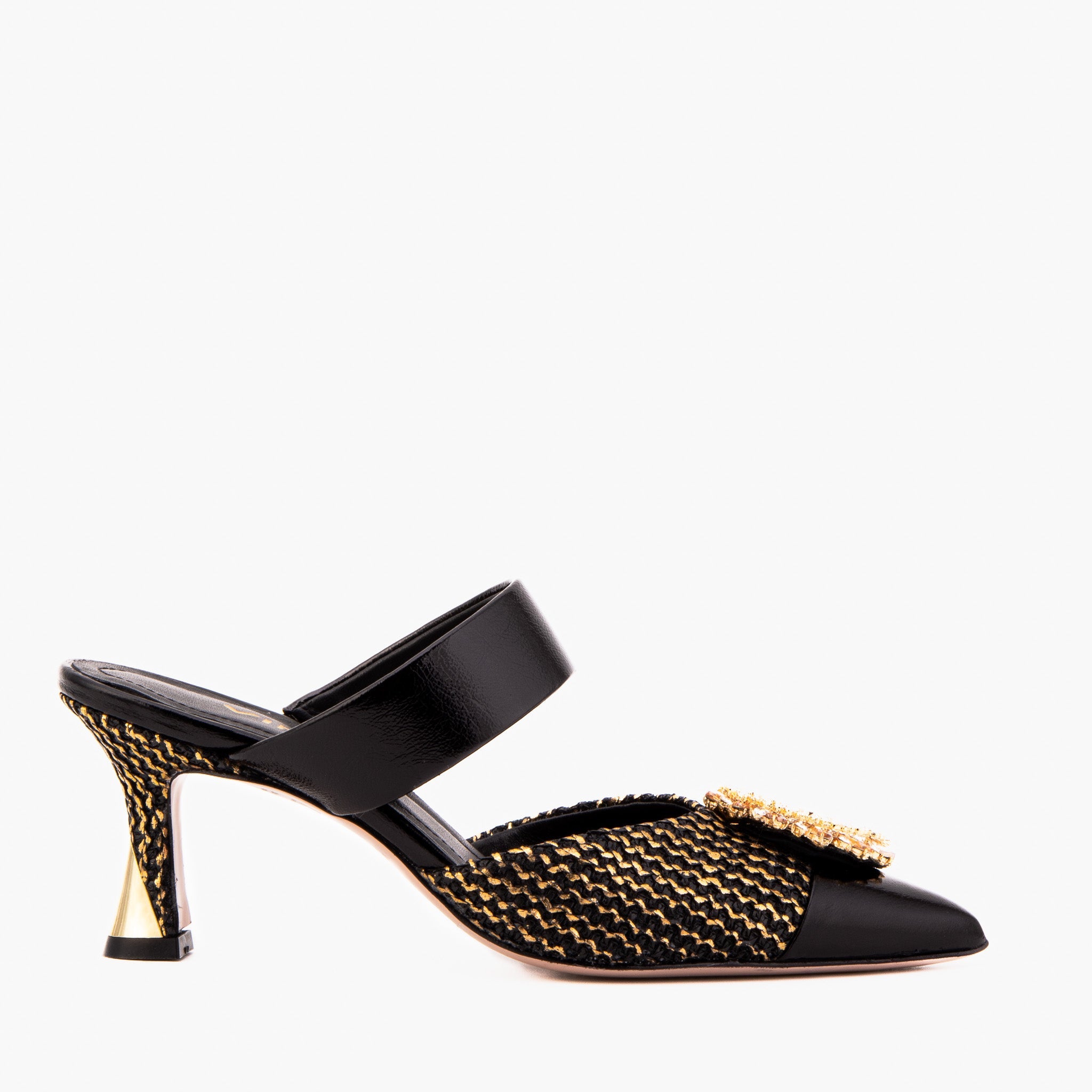 The Valencia Black Gold Jewel Heel Mule Sandal