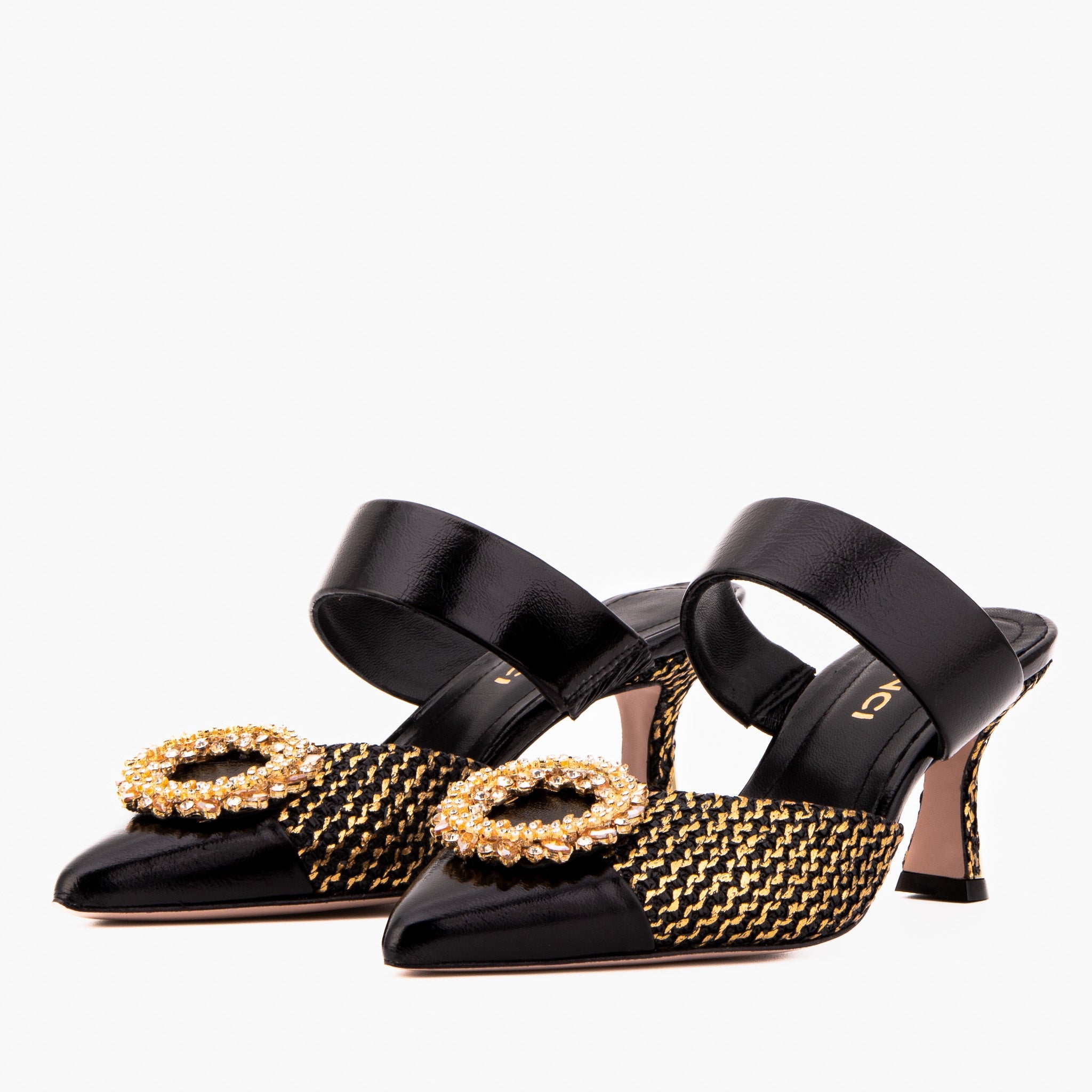 The Valencia Black Gold Jewel Heel Mule Sandal