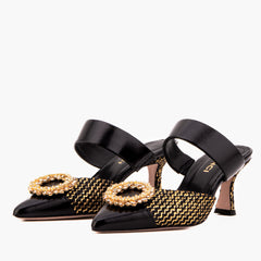 The Valencia Black Gold Jewel Heel Mule Sandal
