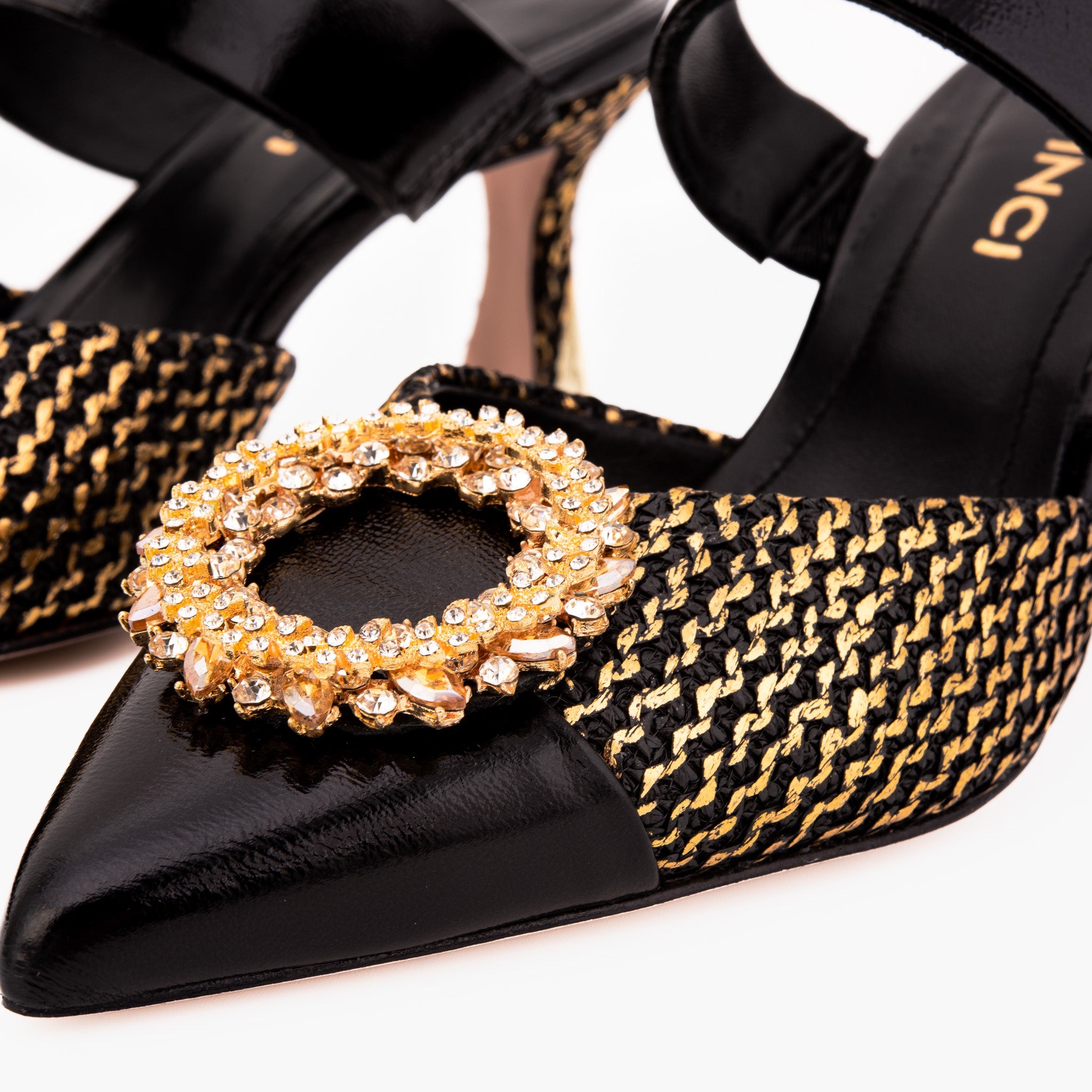 The Valencia Black Gold Jewel Heel Mule Sandal