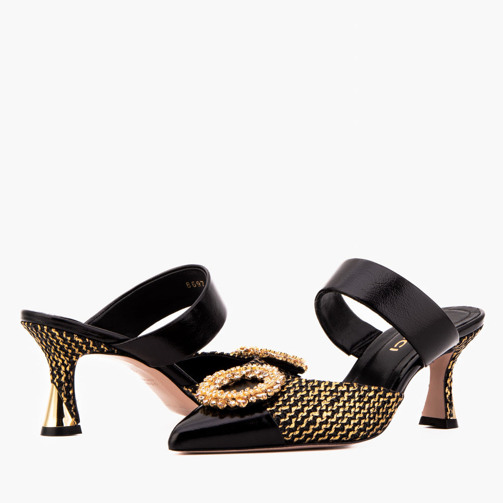 The Valencia Black Gold Jewel Heel Mule Sandal