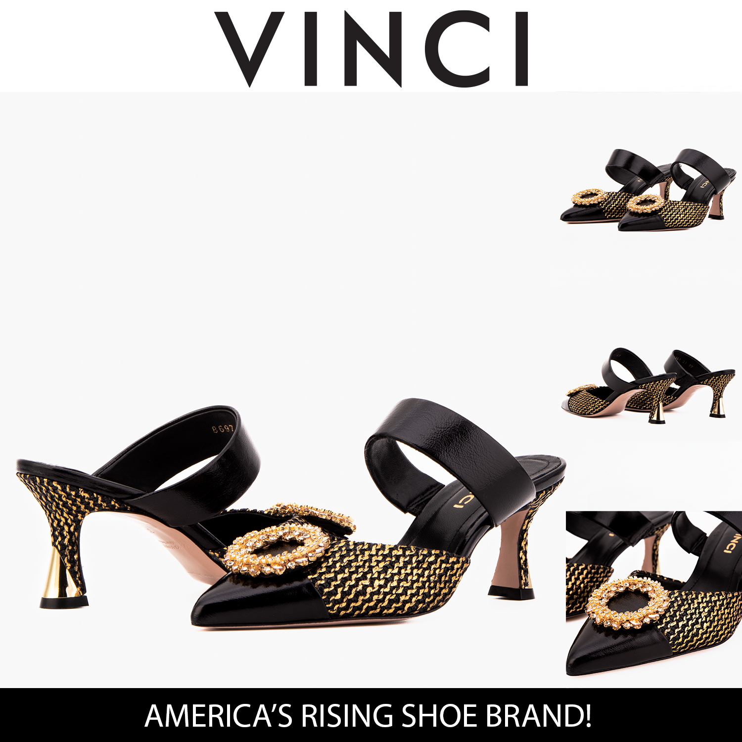 The Valencia Black Gold Jewel Heel Mule Sandal