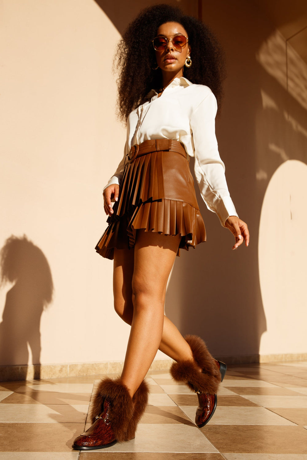 The Izmir Brown Patent Leather Natural Fur Mid Calf Boot