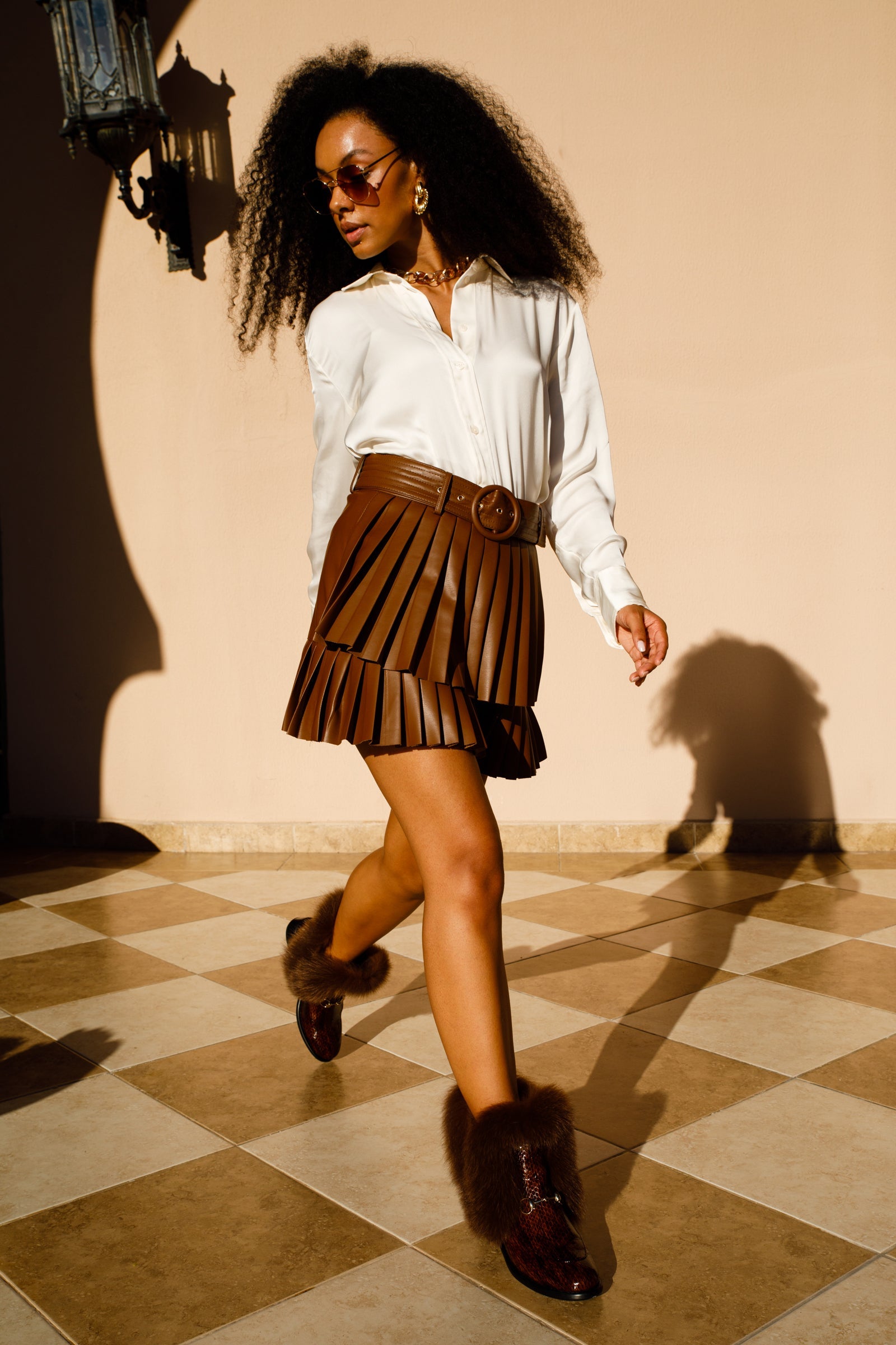 The Izmir Brown Patent Leather Natural Fur Mid Calf Boot