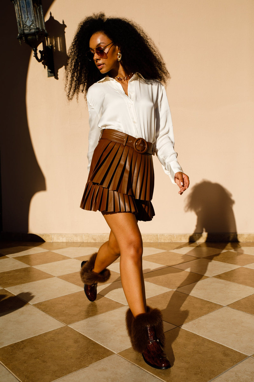 The Izmir Brown Patent Leather Natural Fur Mid Calf Boot