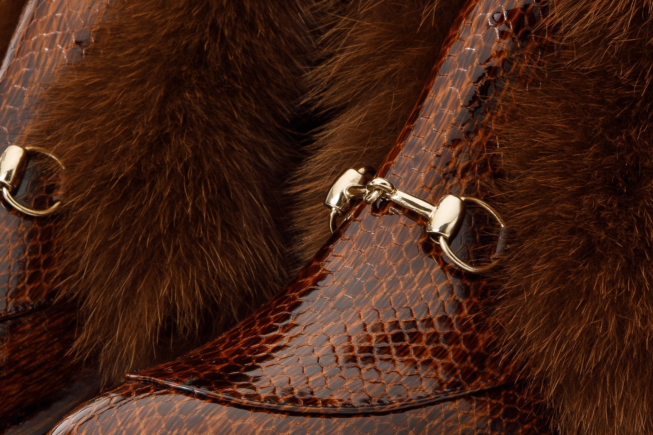 The Izmir Brown Patent Leather Natural Fur Mid Calf Boot
