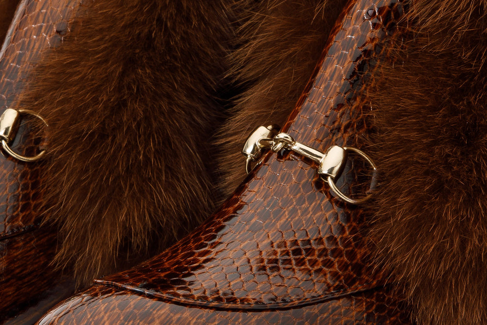 The Izmir Brown Patent Leather Natural Fur Mid Calf Boot