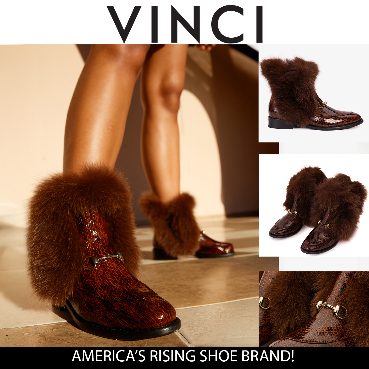 The Izmir Brown Patent Leather Natural Fur Mid Calf Boot