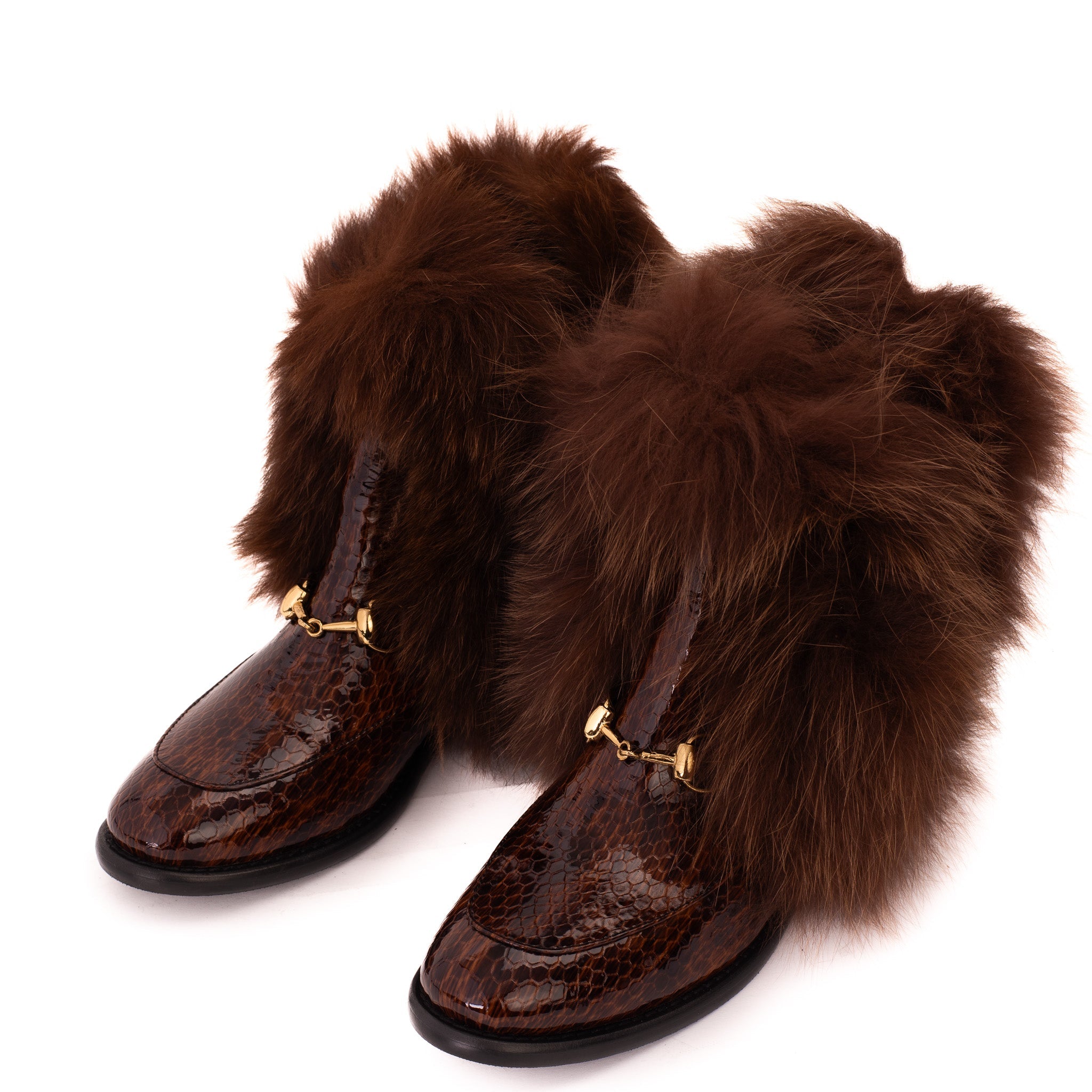 The Izmir Brown Patent Leather Natural Fur Mid Calf Boot