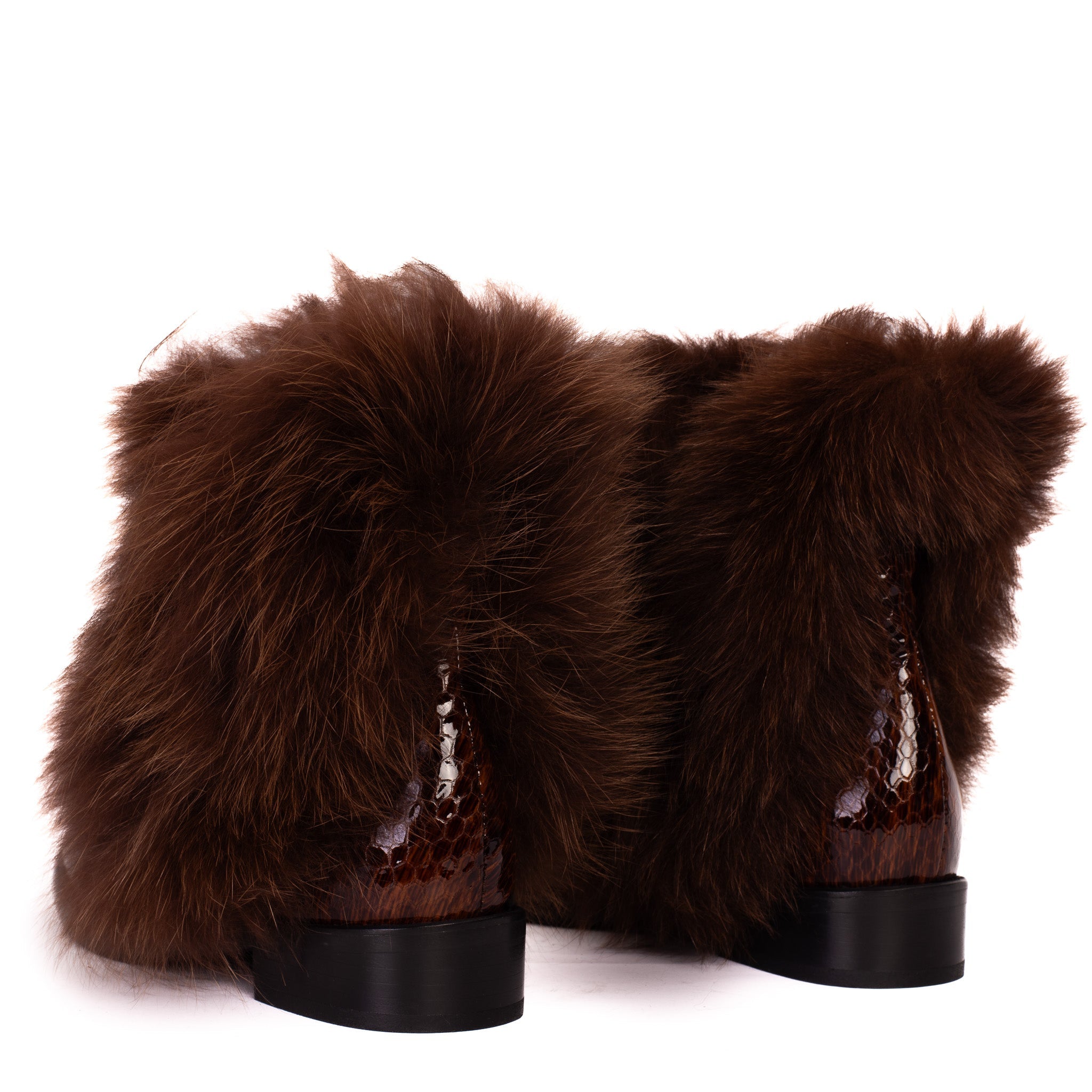The Izmir Brown Patent Leather Natural Fur Mid Calf Boot