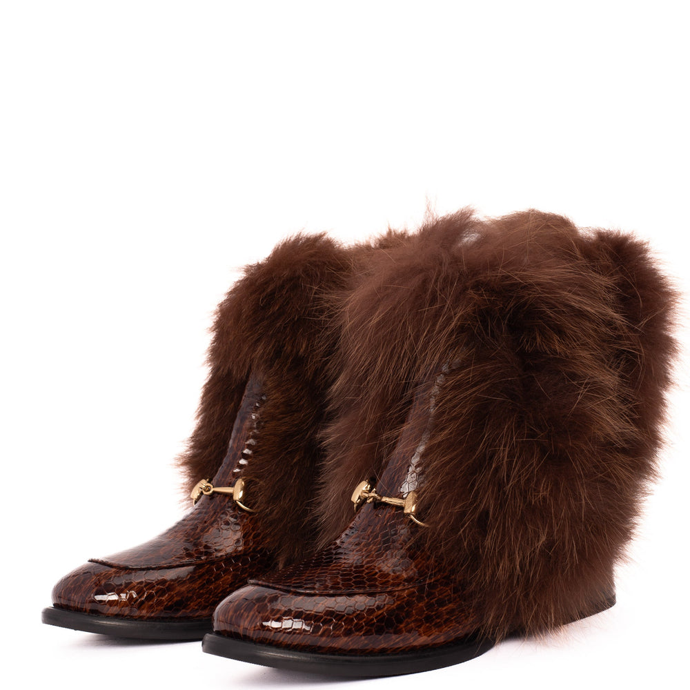The Izmir Brown Patent Leather Natural Fur Mid Calf Boot
