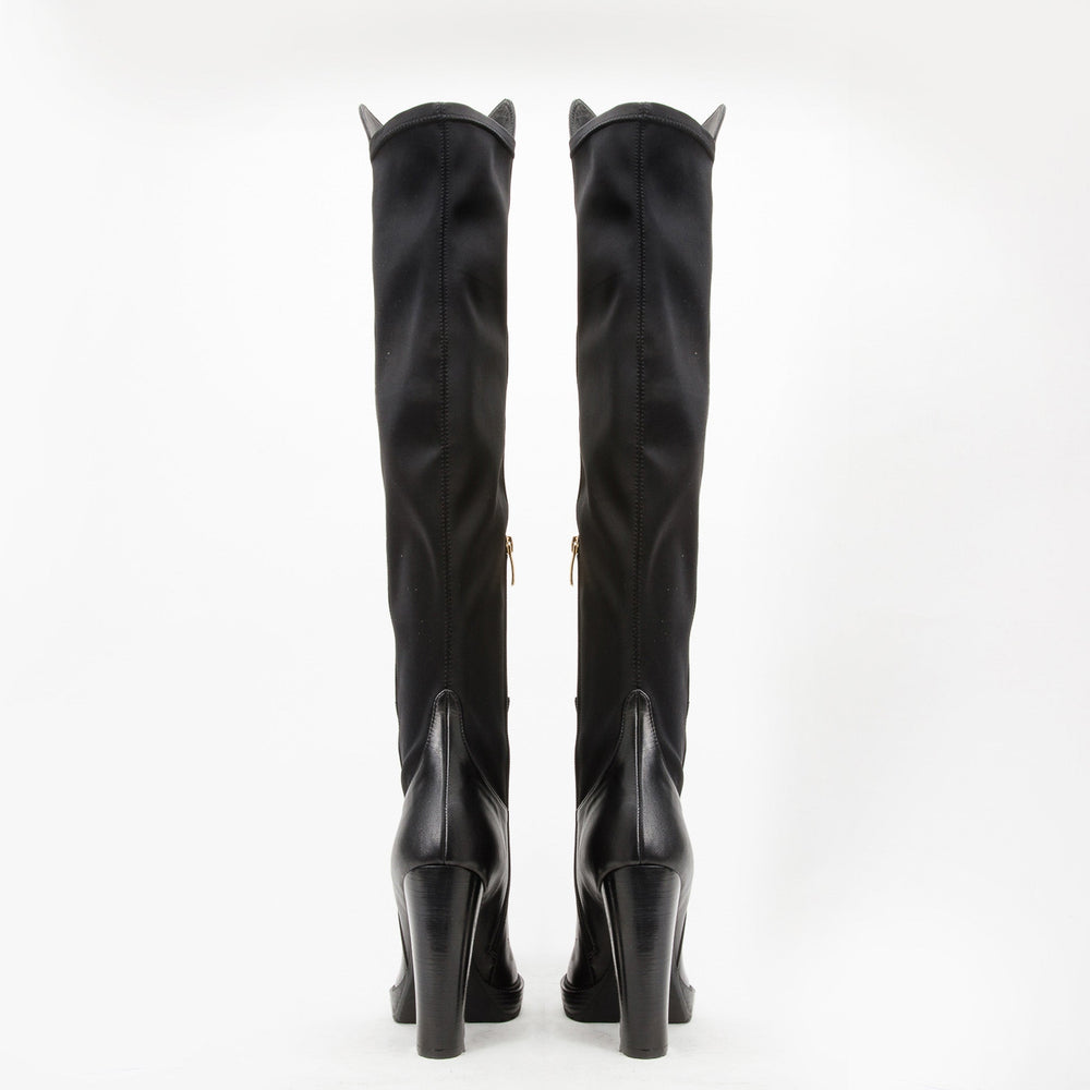 The Sao Paulo Black Leather Knee High Platform Heel Boot