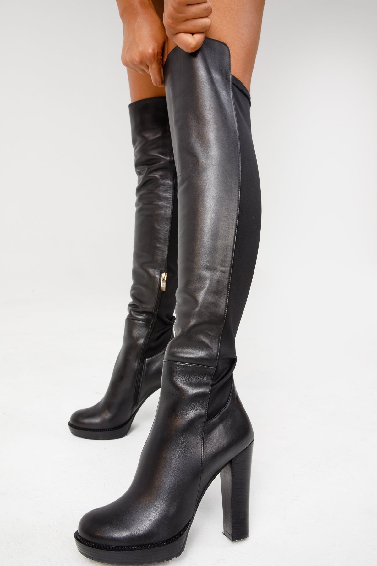 The Sao Paulo Black Leather Knee High Platform Heel Boot