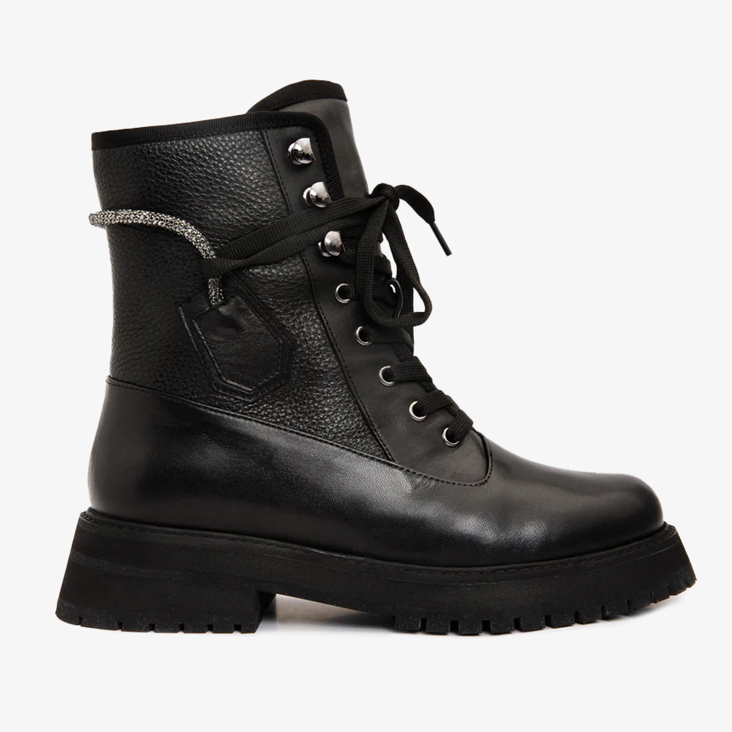 The Arata Black Leather Lace-Up Ankle Boot With a Side Zipper