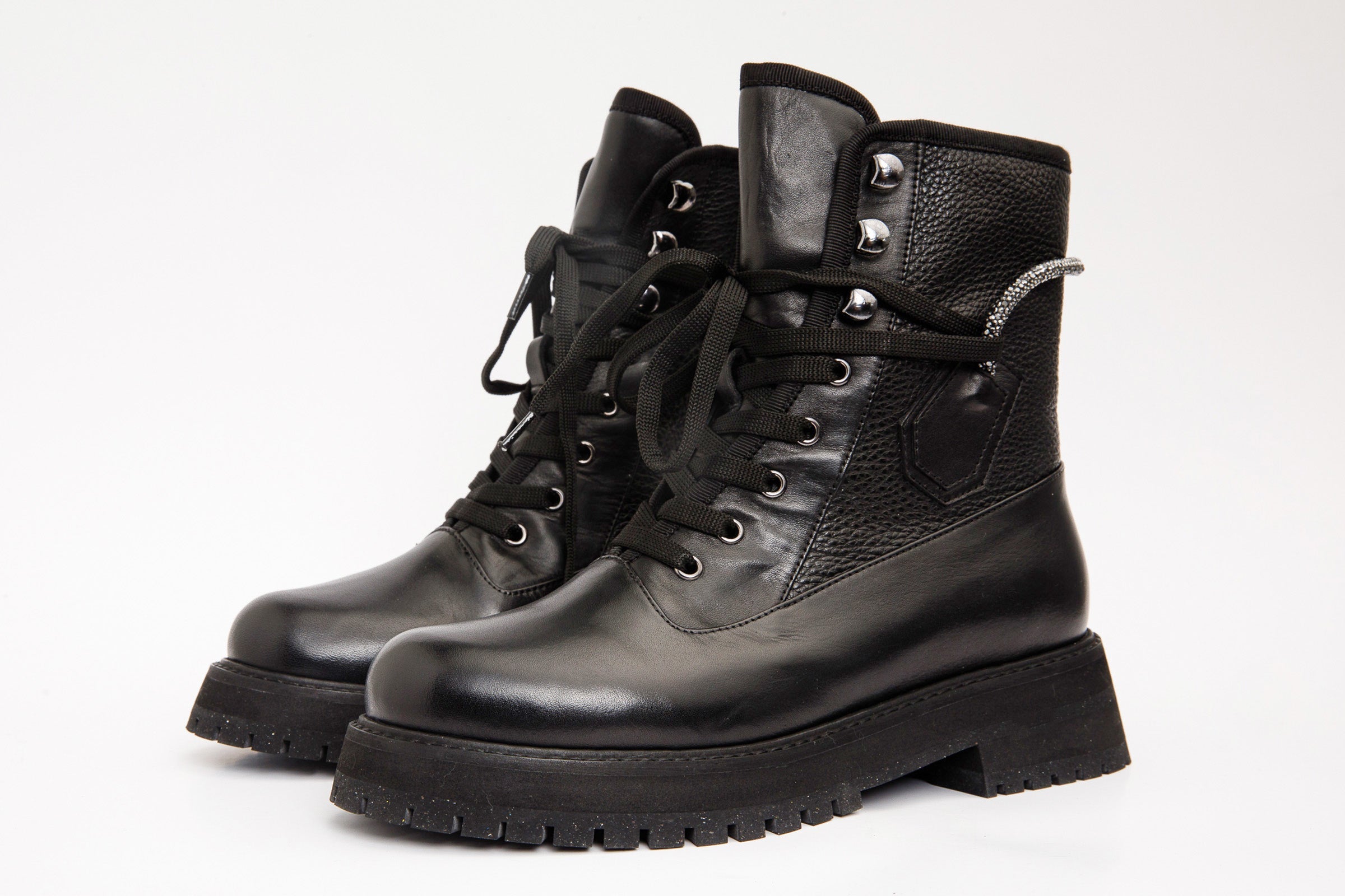 The Arata Black Leather Lace-Up Ankle Boot With a Side Zipper