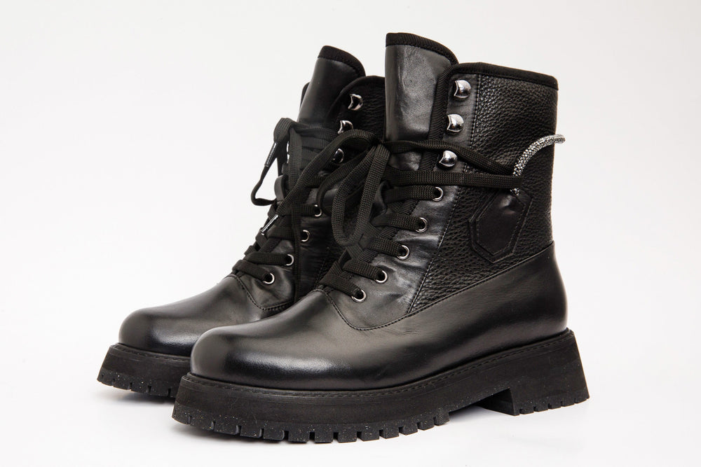 The Arata Black Leather Lace-Up Ankle Boot With a Side Zipper