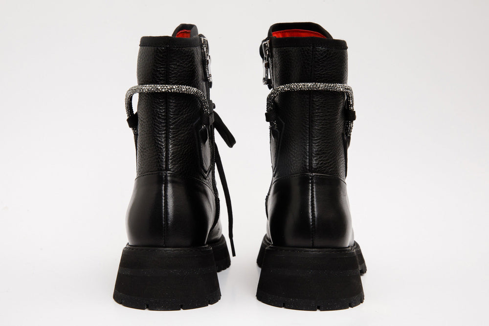 The Arata Black Leather Lace-Up Ankle Boot With a Side Zipper