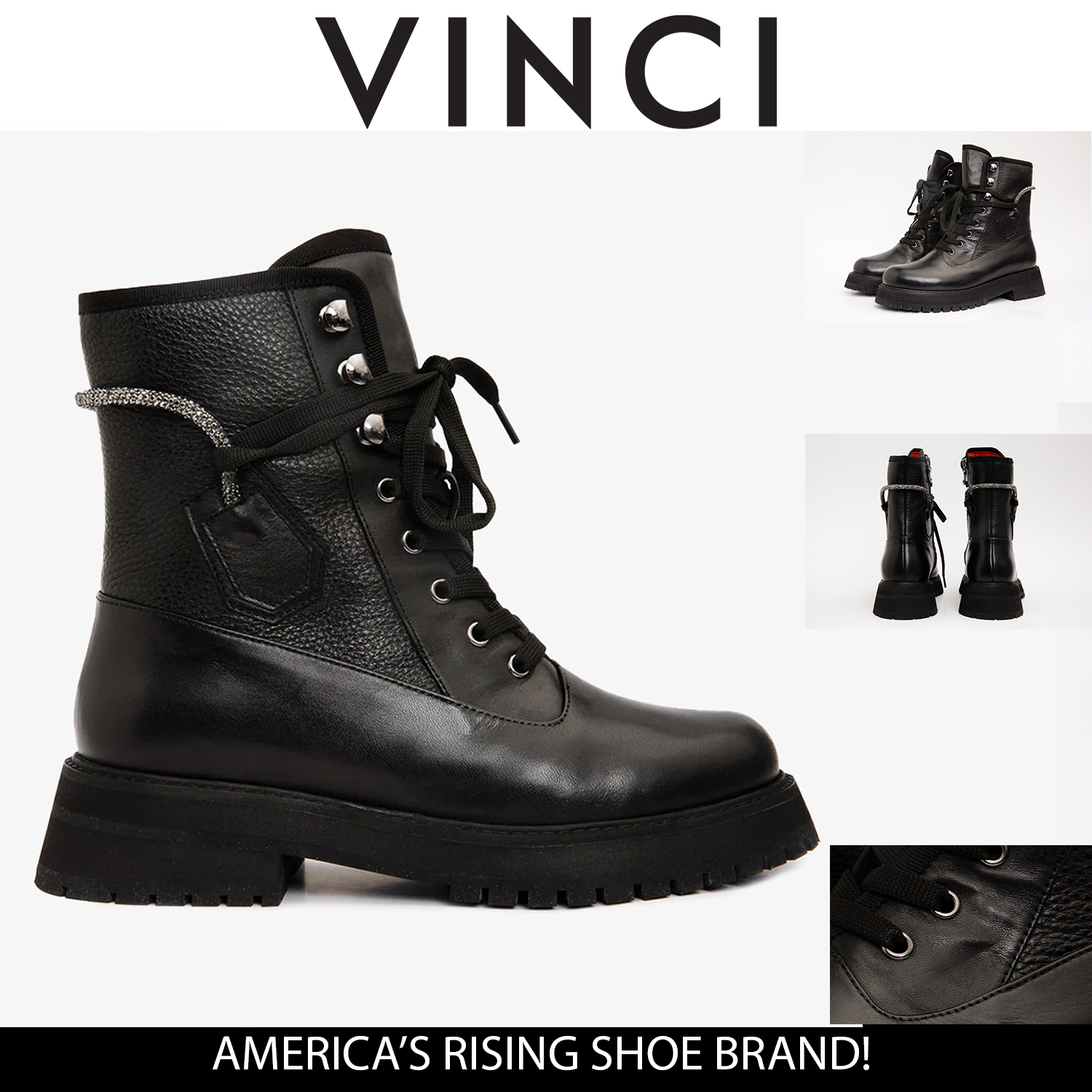 The Arata Black Leather Lace-Up Ankle Boot With a Side Zipper