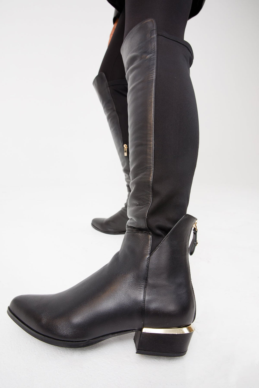 The Fairoks Black Leather Pointy Toe Knee High Boot