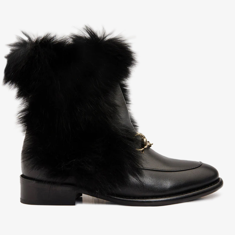 The Izmir Black Leather Natural Fur Mid Calf Boot