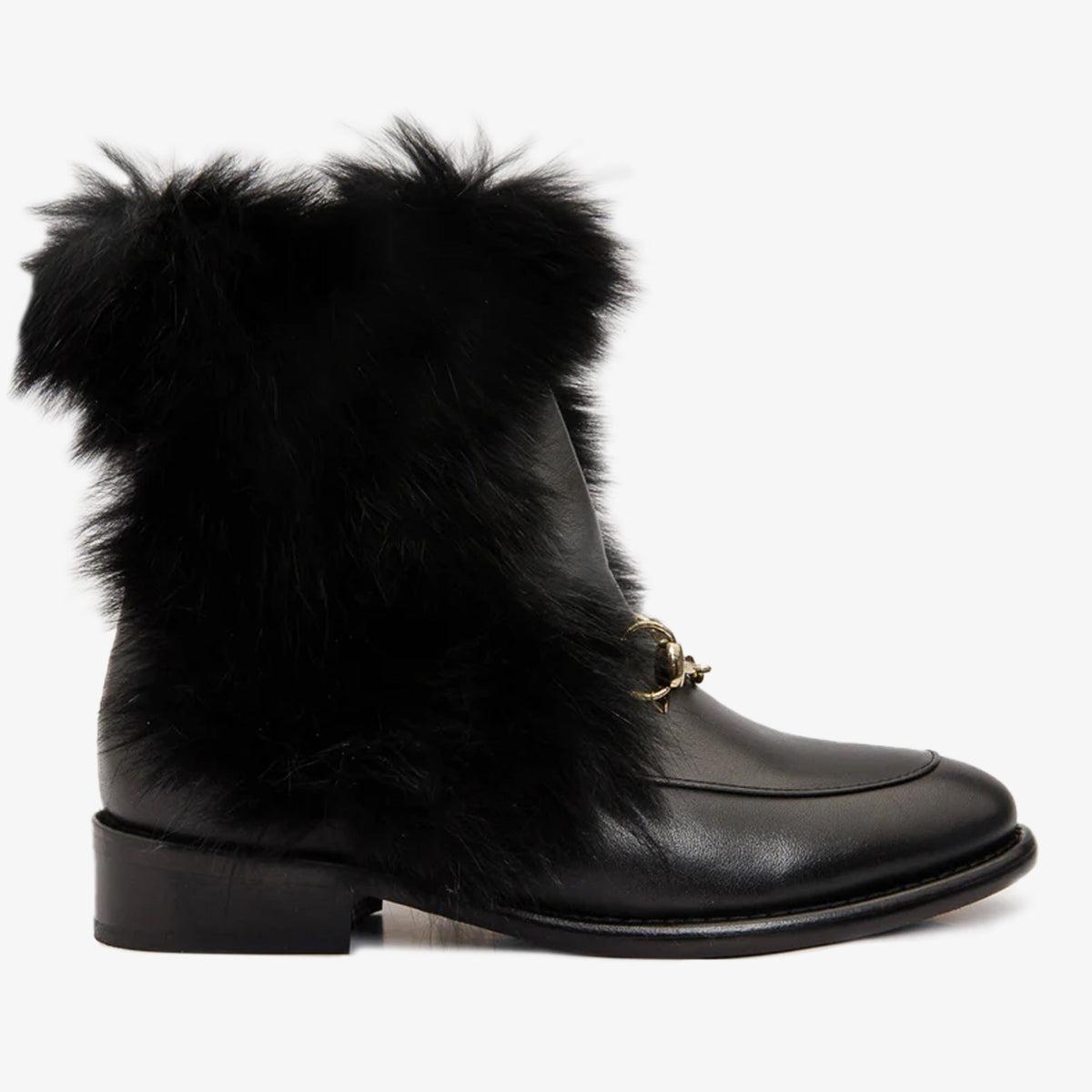 The Izmir Black Leather Natural Fur Mid Calf Boot
