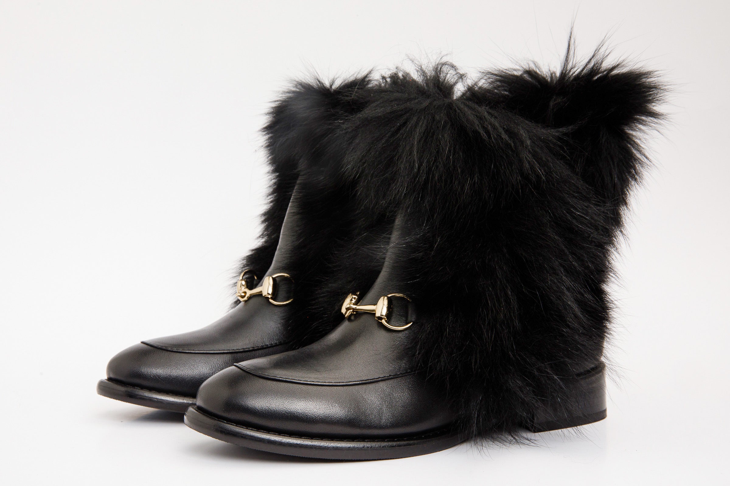 The Izmir Black Leather Natural Fur Mid Calf Boot