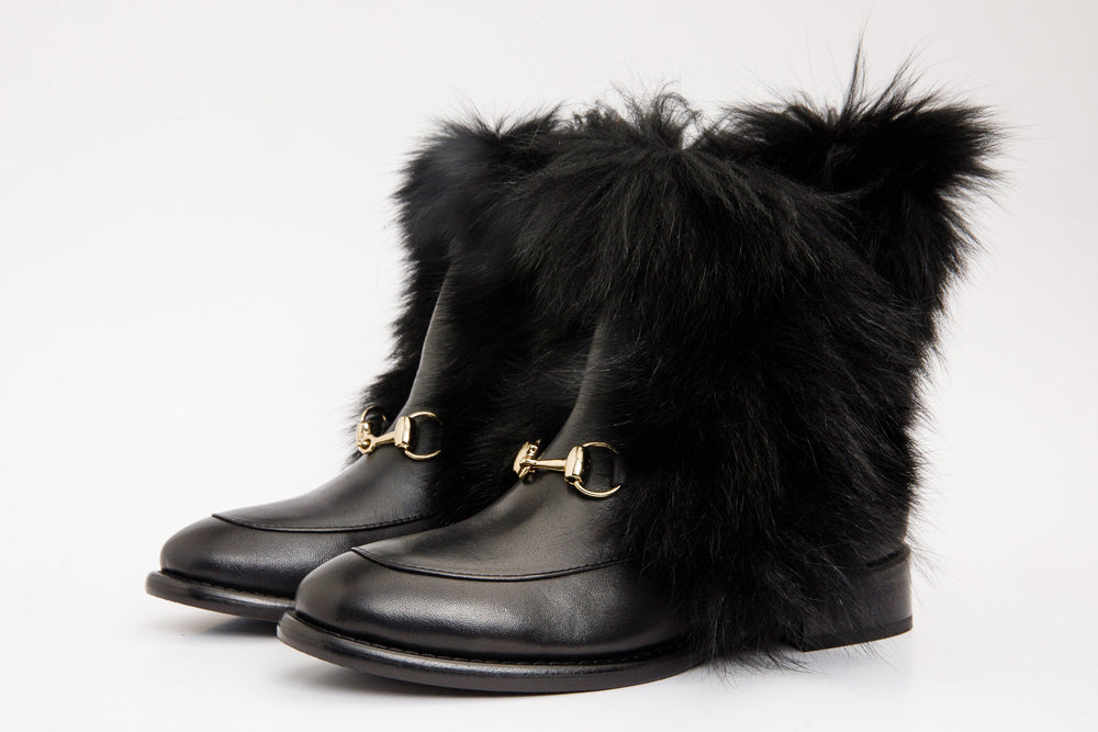 The Izmir Black Leather Natural Fur Mid Calf Boot