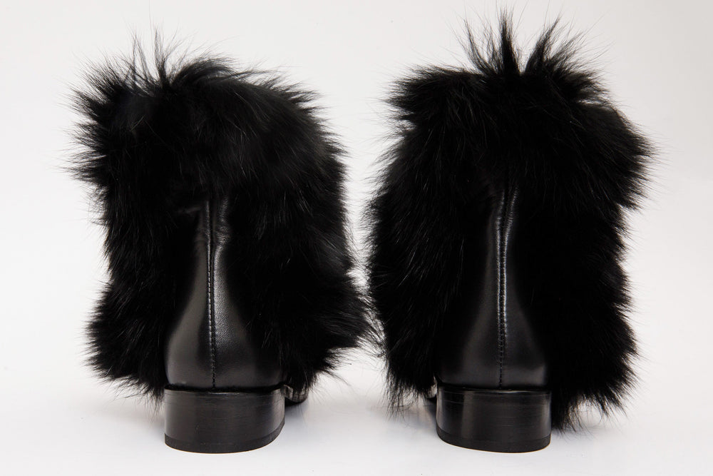 The Izmir Black Leather Natural Fur Mid Calf Boot