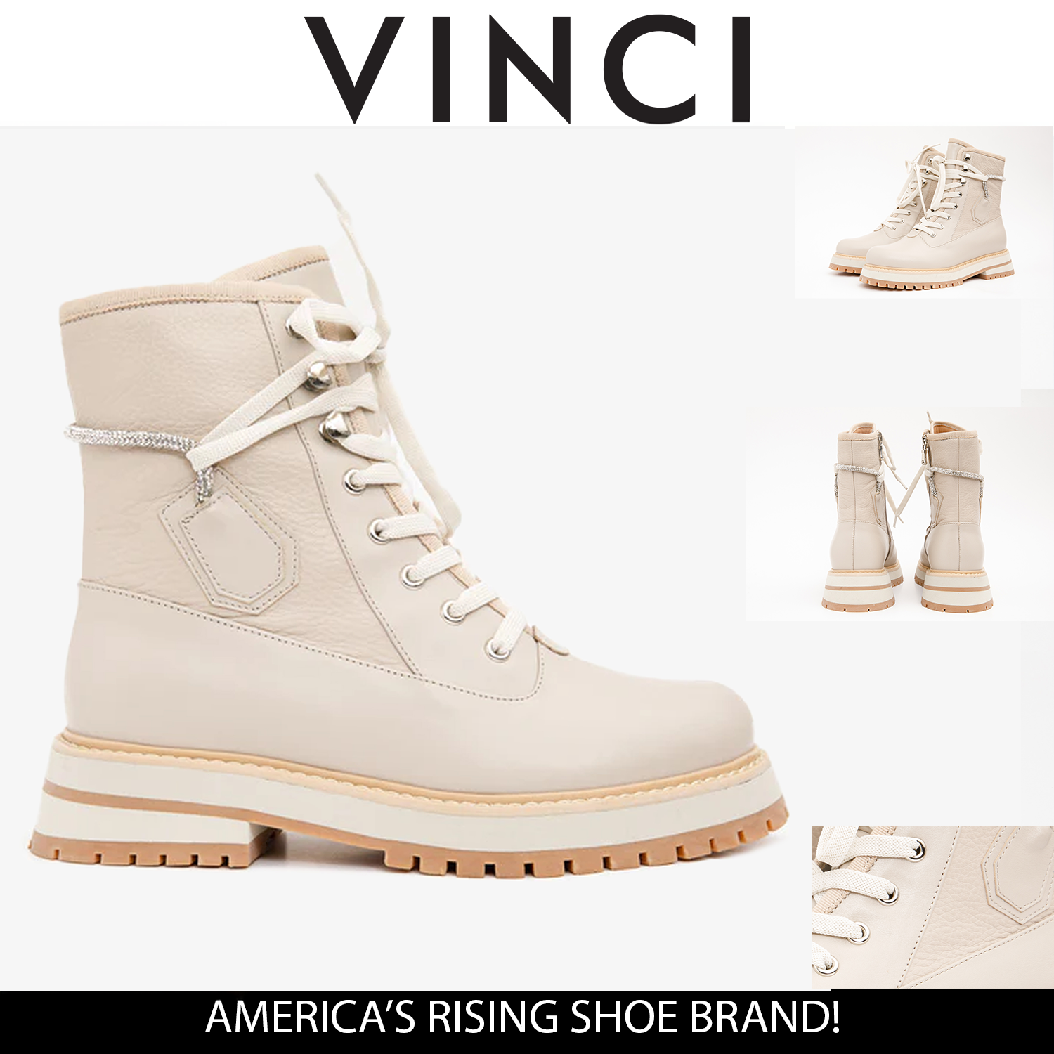 The Arata Cream Leather Lace-Up Ankle Boot With a Side Zipper