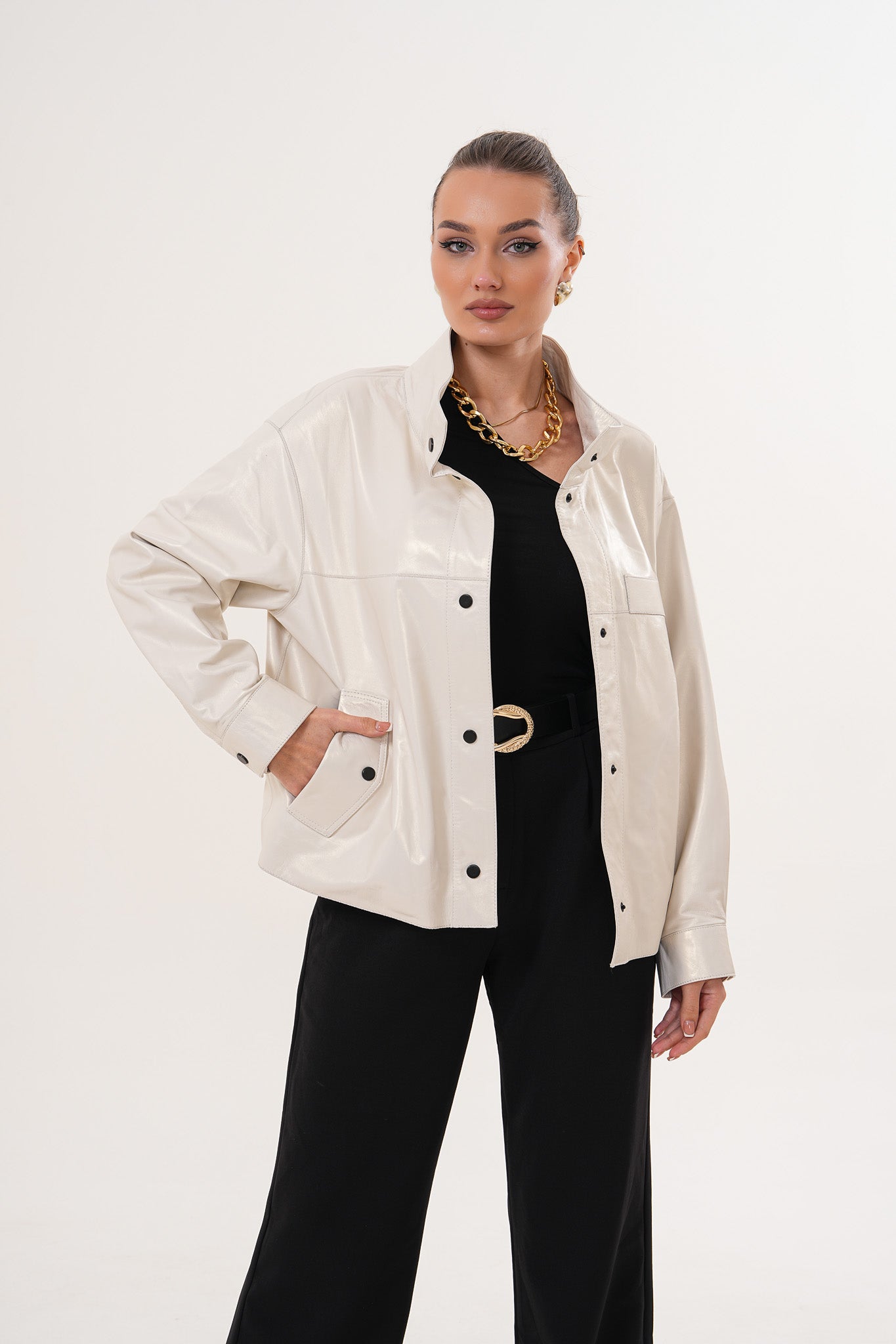 The Velmira Reversible Ivory Leather Jacket