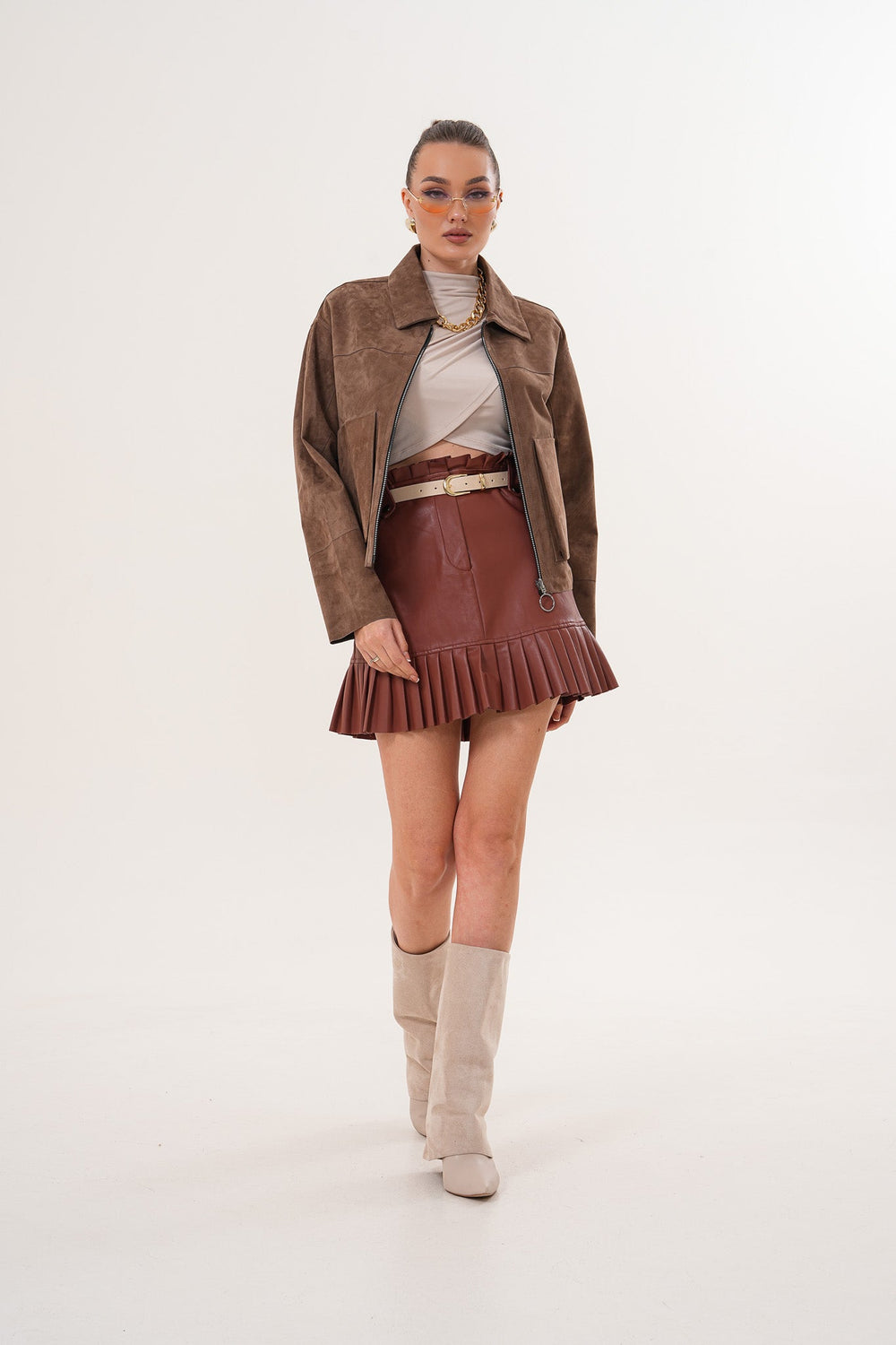 Elvoria Reversible Leather Jacket – Taupe \/ Suede Brown